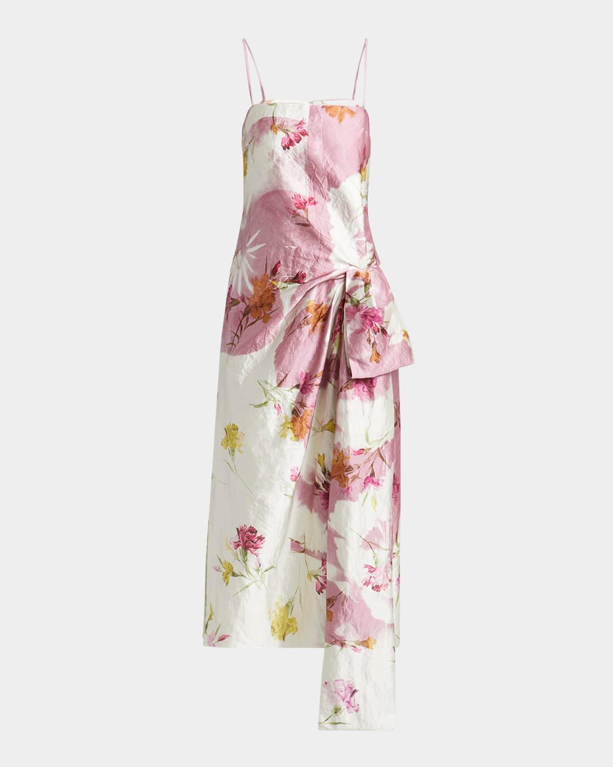 floral bow draped cocktail dress