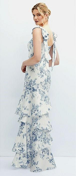 floral bow-shoulder satin maxi dress with asymmetrical tiered skirt