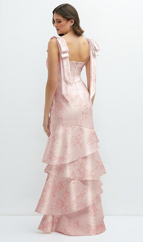 floral bow-shoulder satin maxi dress with asymmetrical tiered skirt