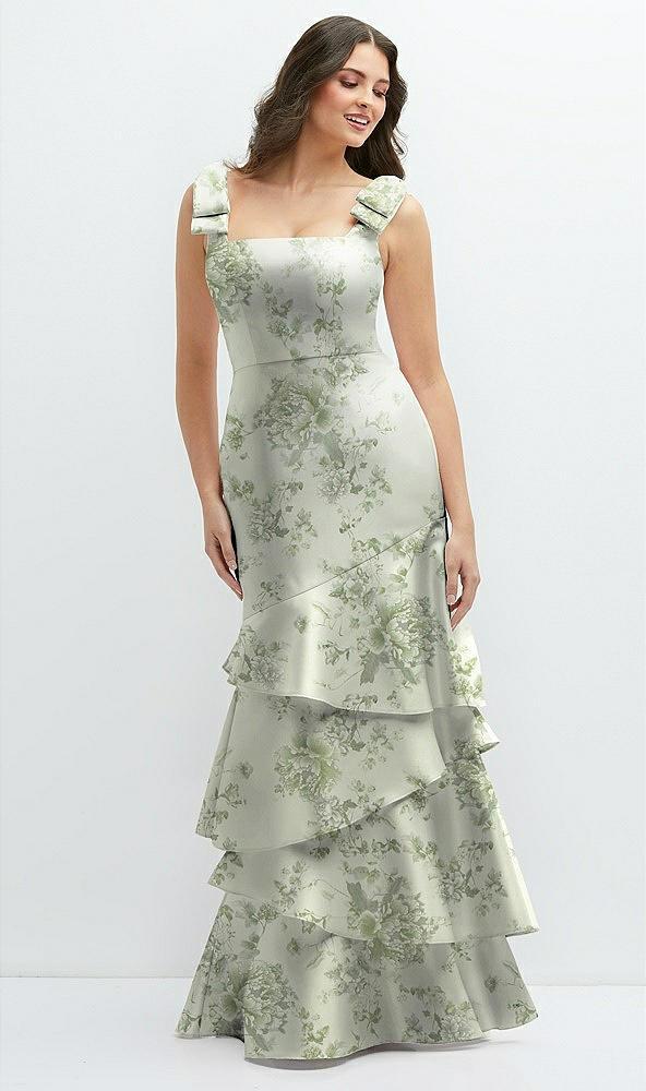 floral bow-shoulder satin maxi dress with asymmetrical tiered skirt