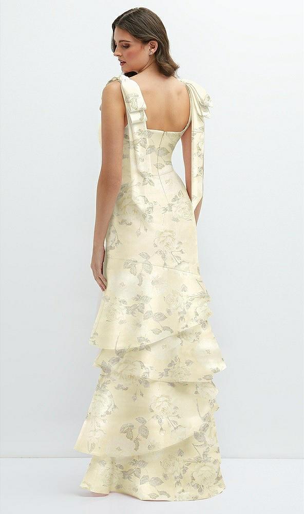 floral bow-shoulder satin maxi dress with asymmetrical tiered skirt