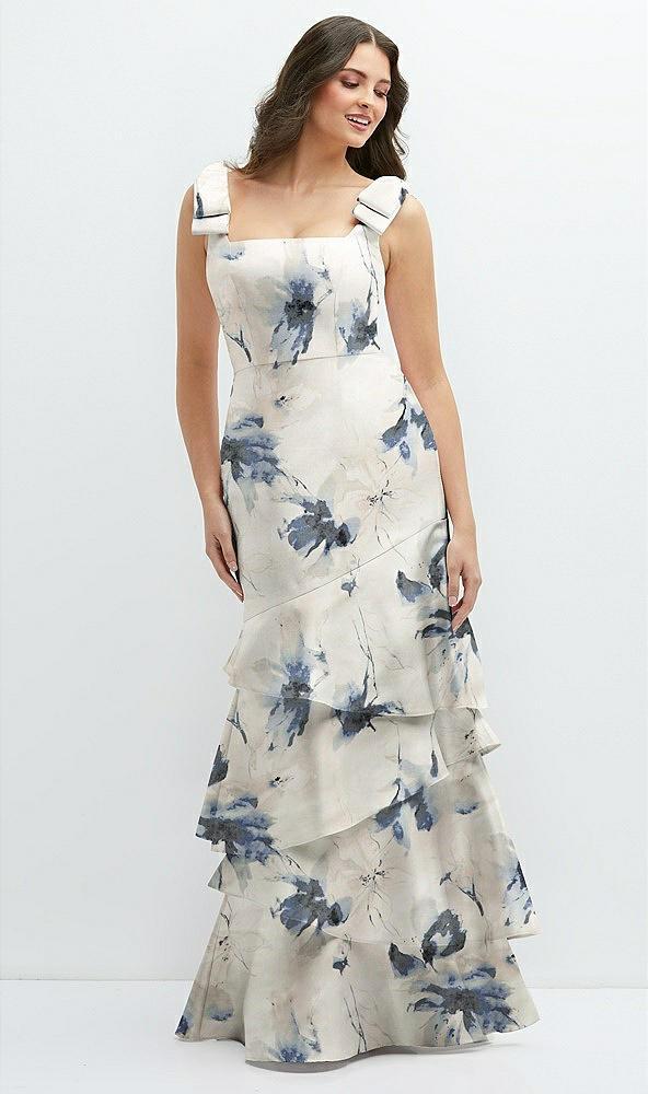 floral bow-shoulder satin maxi dress with asymmetrical tiered skirt