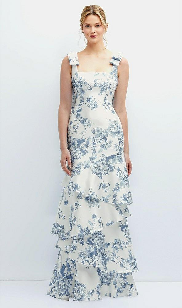 floral bow-shoulder satin maxi dress with asymmetrical tiered skirt