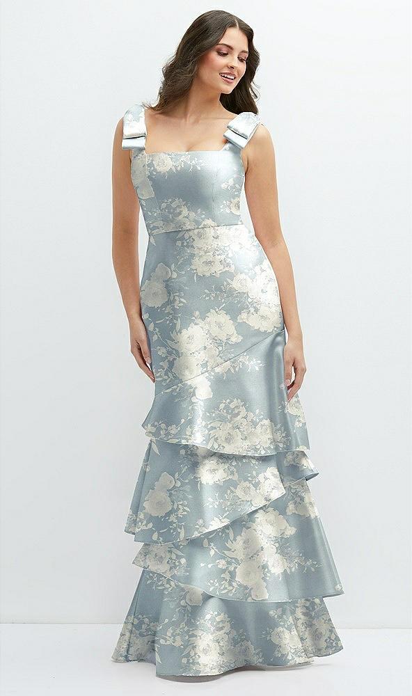floral bow-shoulder satin maxi dress with asymmetrical tiered skirt