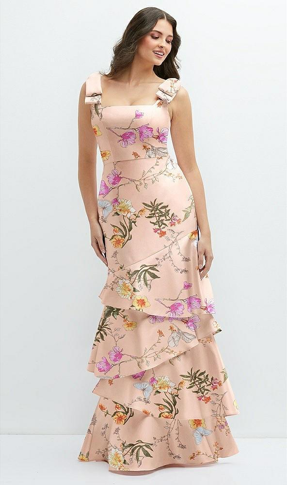 floral bow-shoulder satin maxi dress with asymmetrical tiered skirt