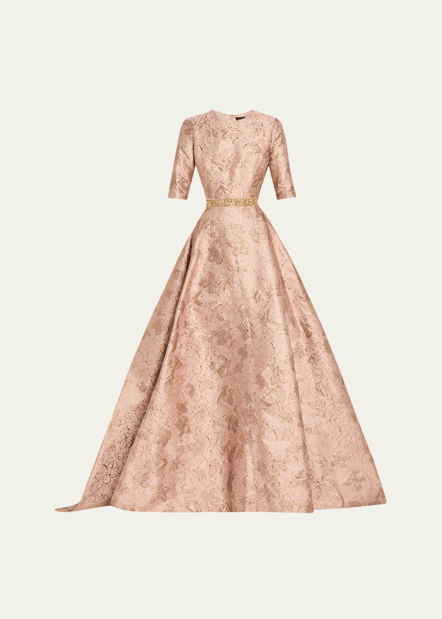 floral brocade gown with crystal belt