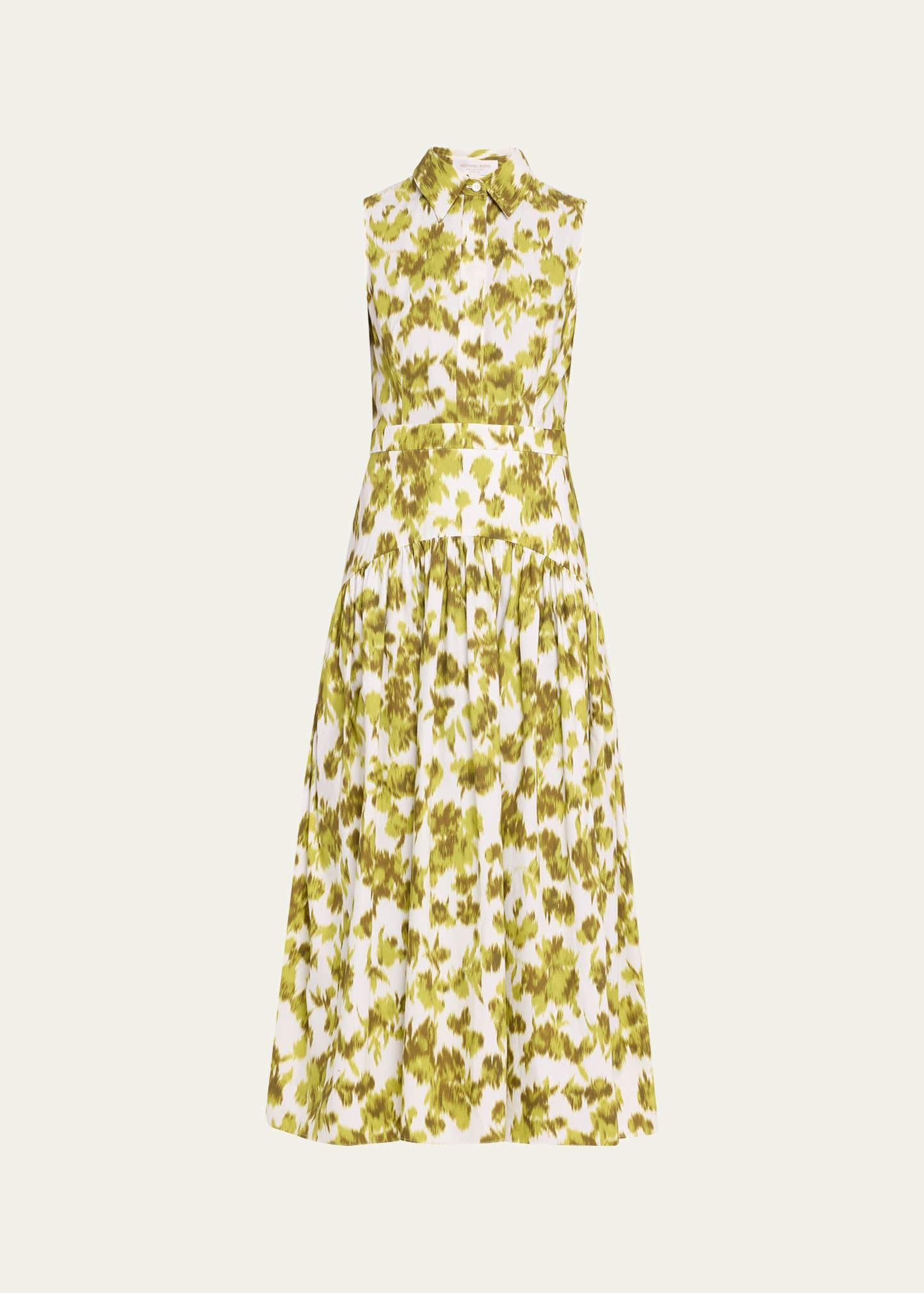 floral chine poplin drop-waist midi shirtdress