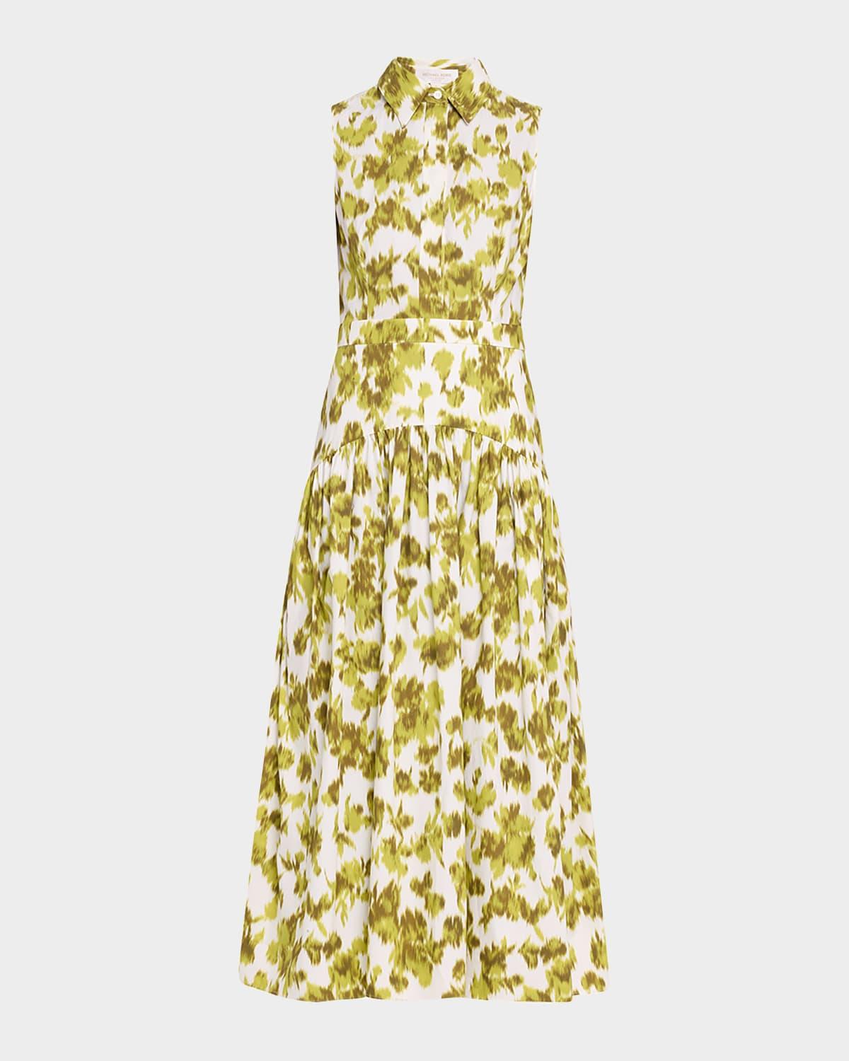 floral chine poplin drop-waist midi shirtdress