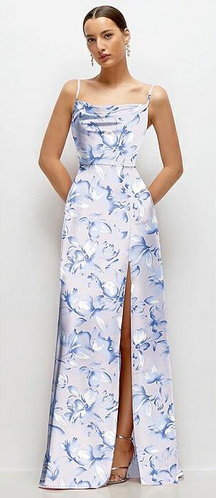 floral cowl neck satin maxi dress with adjustable spaghetti straps