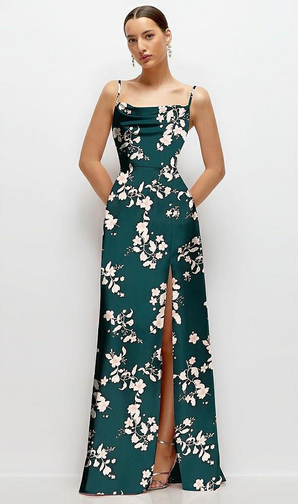 floral cowl neck satin maxi dress with adjustable spaghetti straps