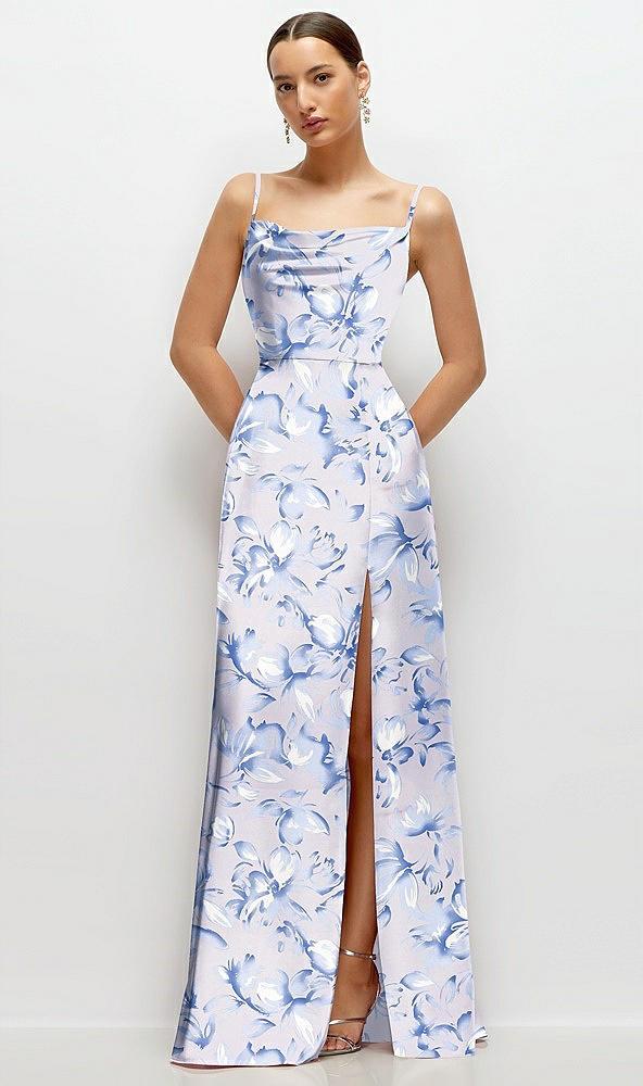floral cowl neck satin maxi dress with adjustable spaghetti straps