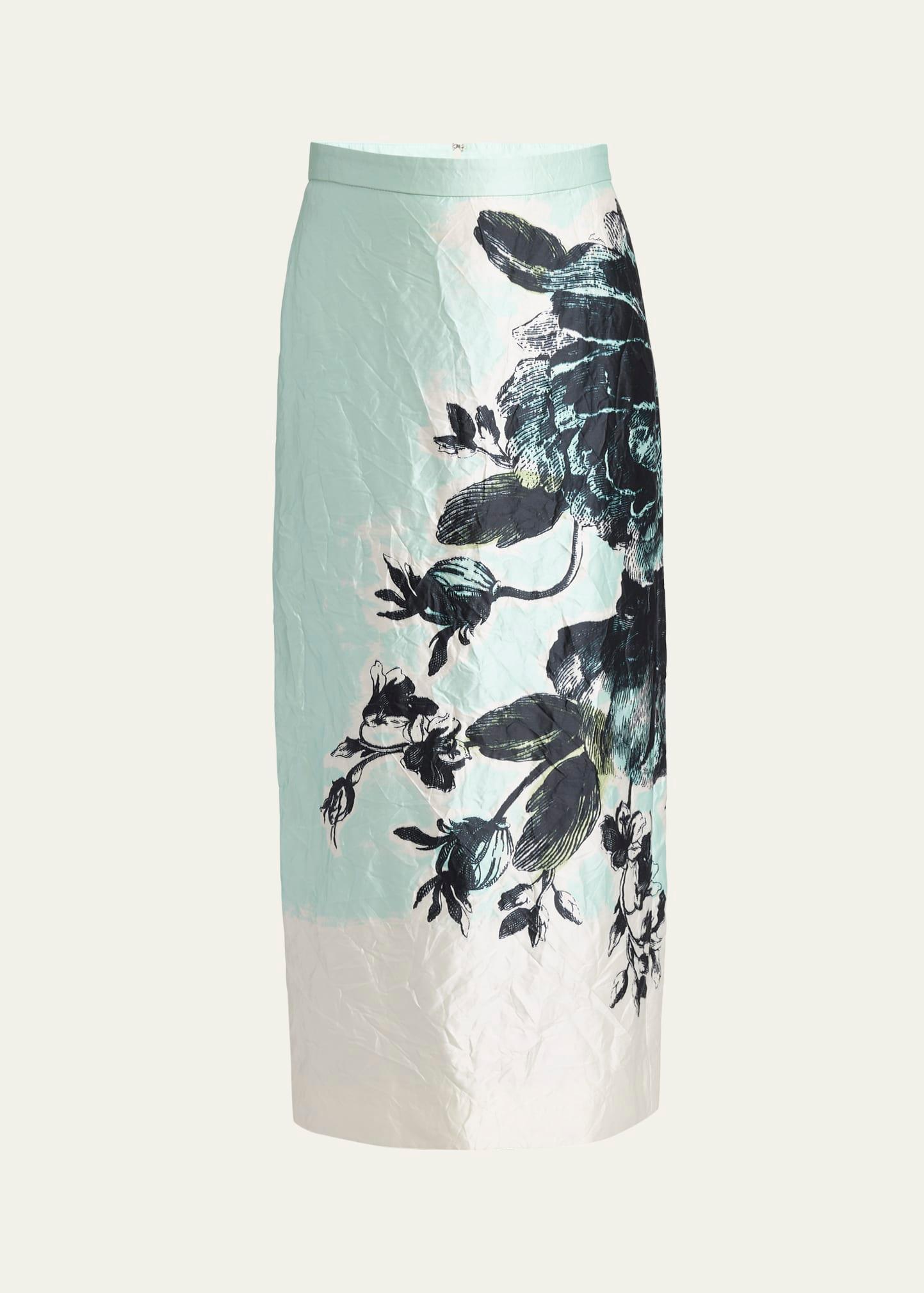 floral crinkle-effect pencil midi skirt
