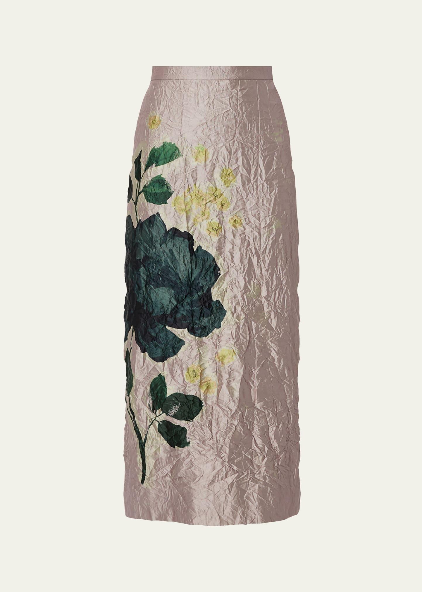 floral crinkle pencil midi skirt
