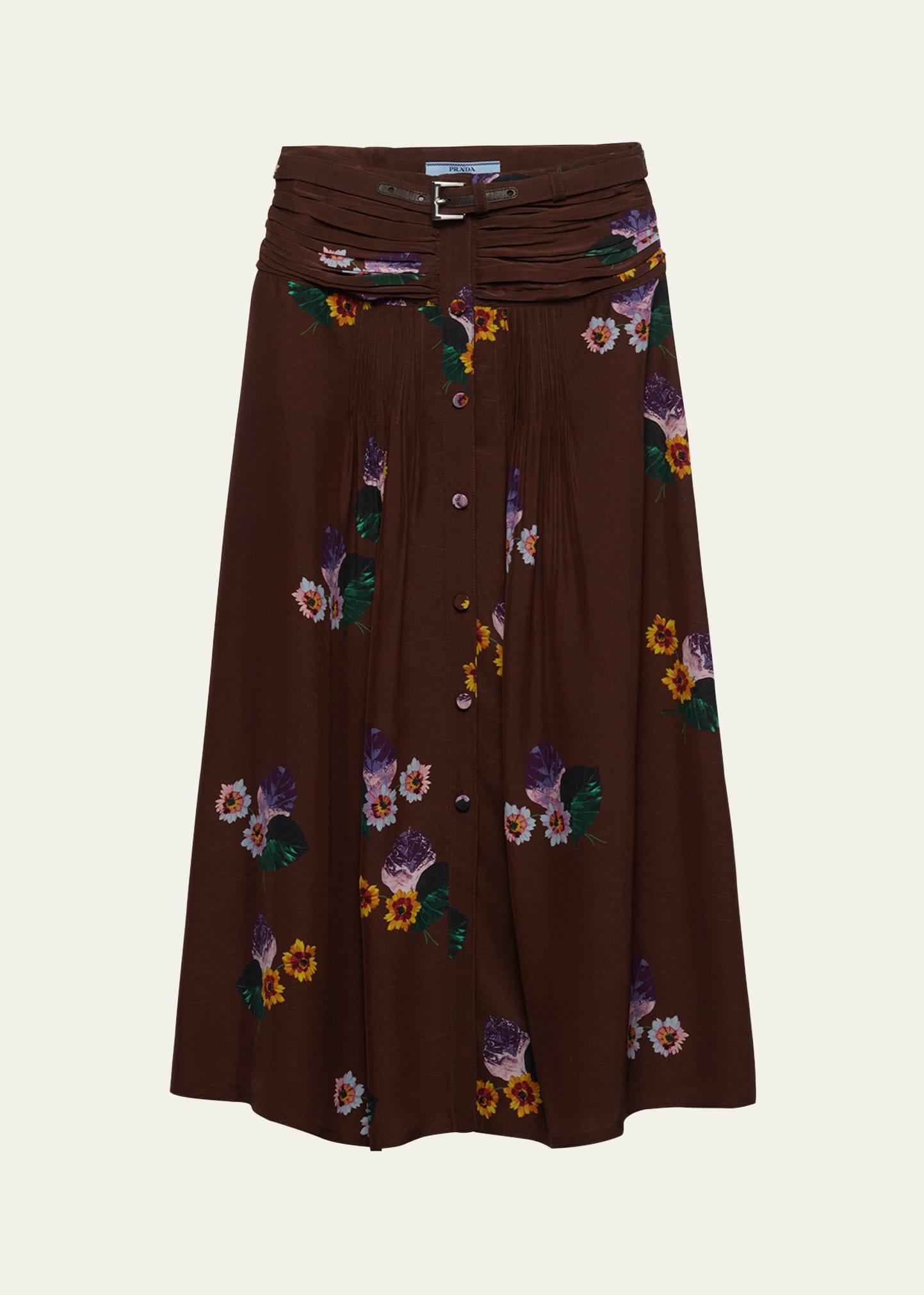 floral drape-waist leather belted midi skirt