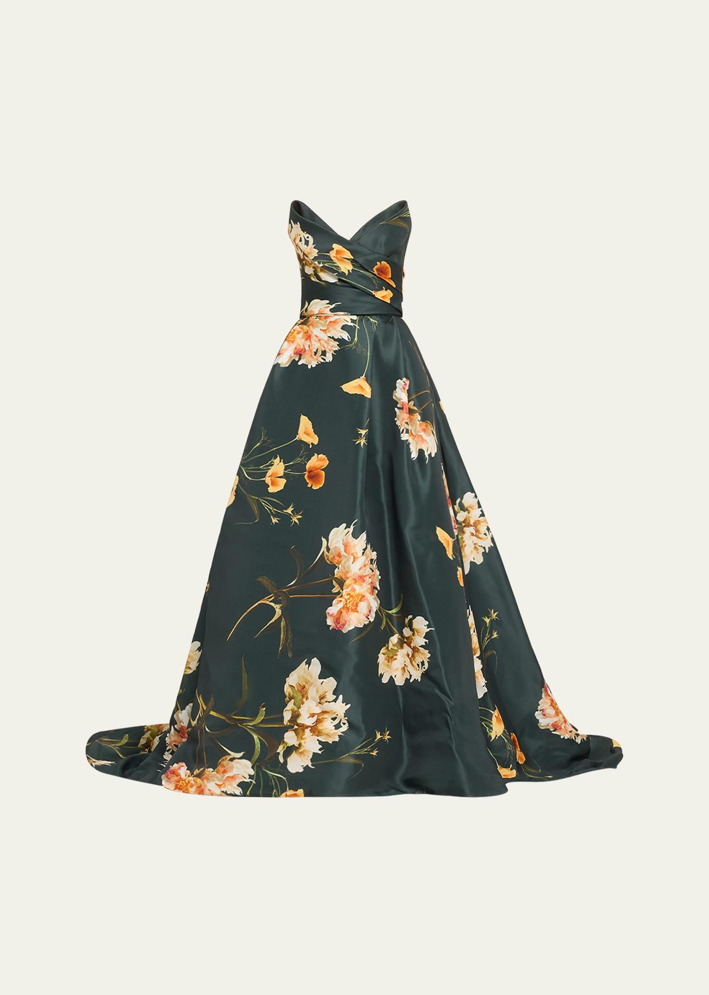 floral draped bodice strapless ballgown