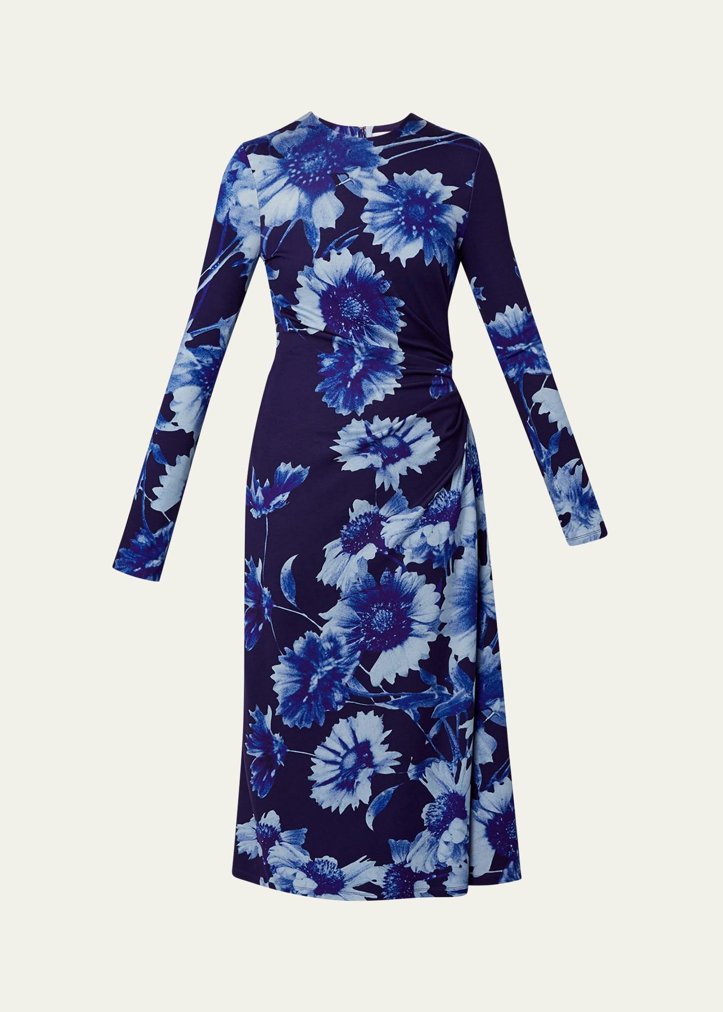 floral draped long sleeve midi dress