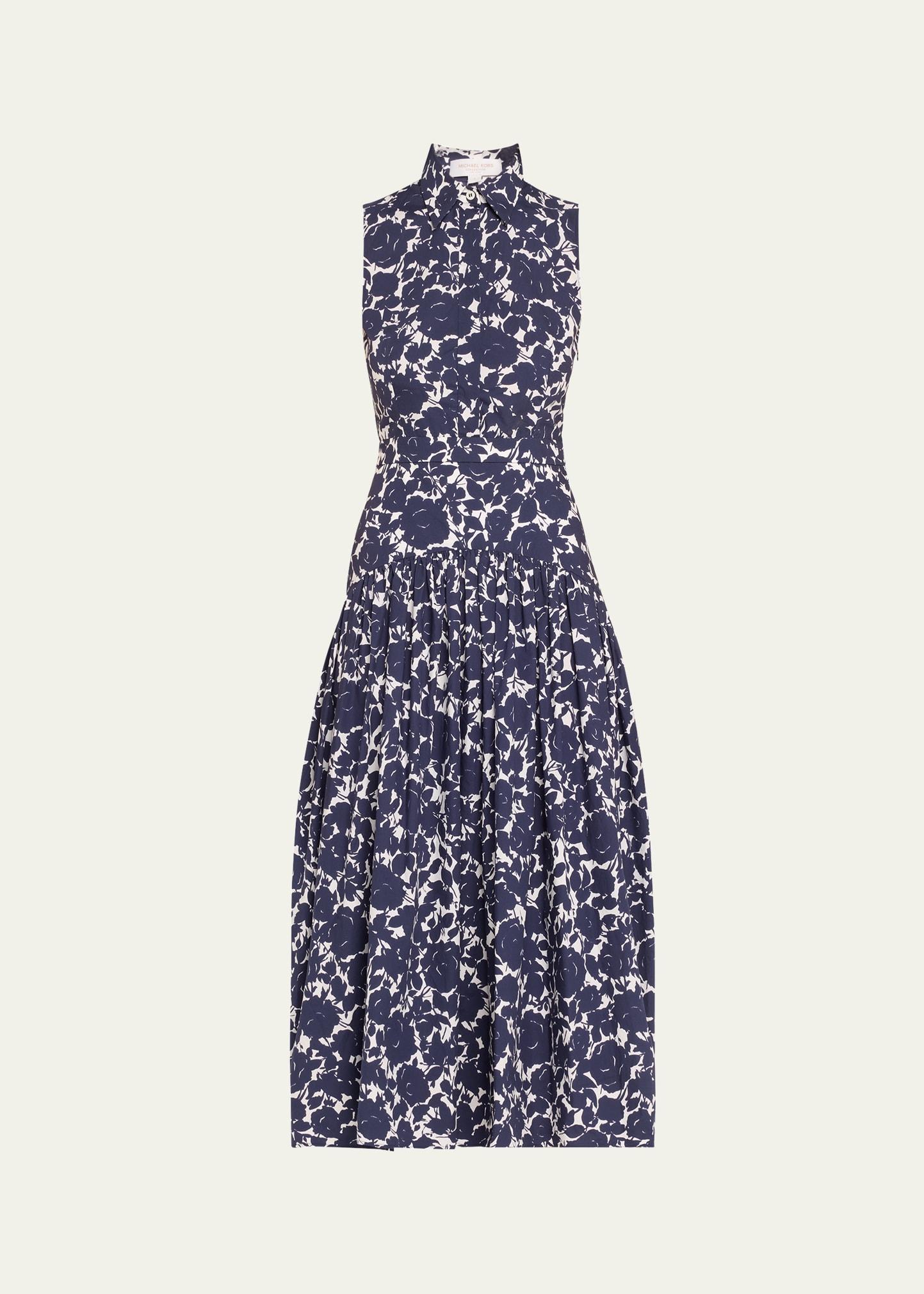 floral drop-waist sleeveless midi shirtdress