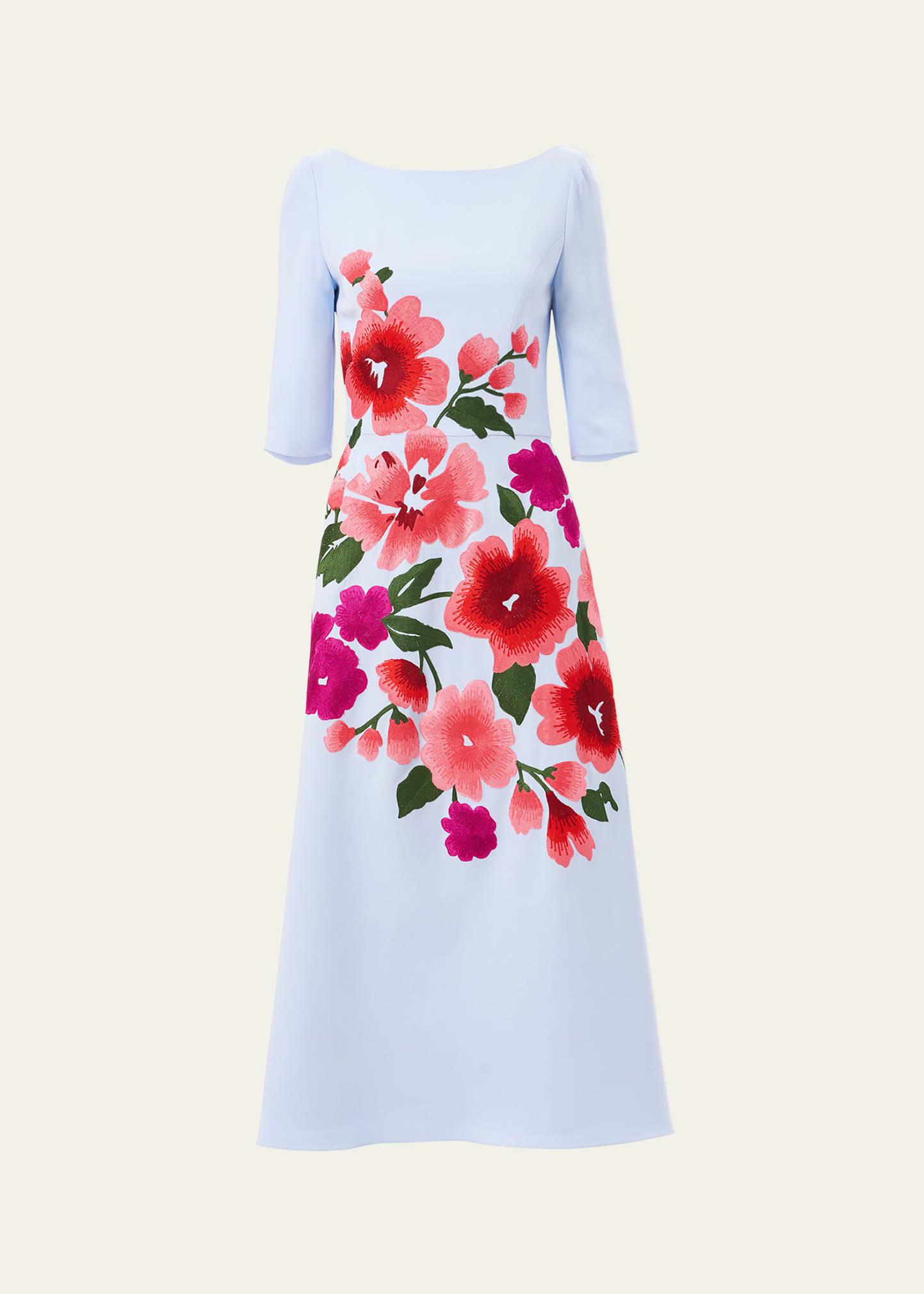 floral embroidered 3/4-sleeve midi dress