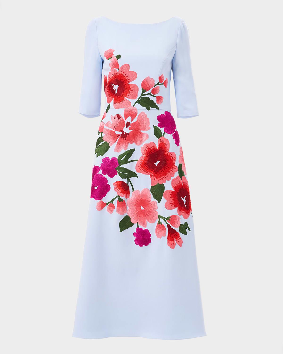 floral embroidered 3/4-sleeve midi dress