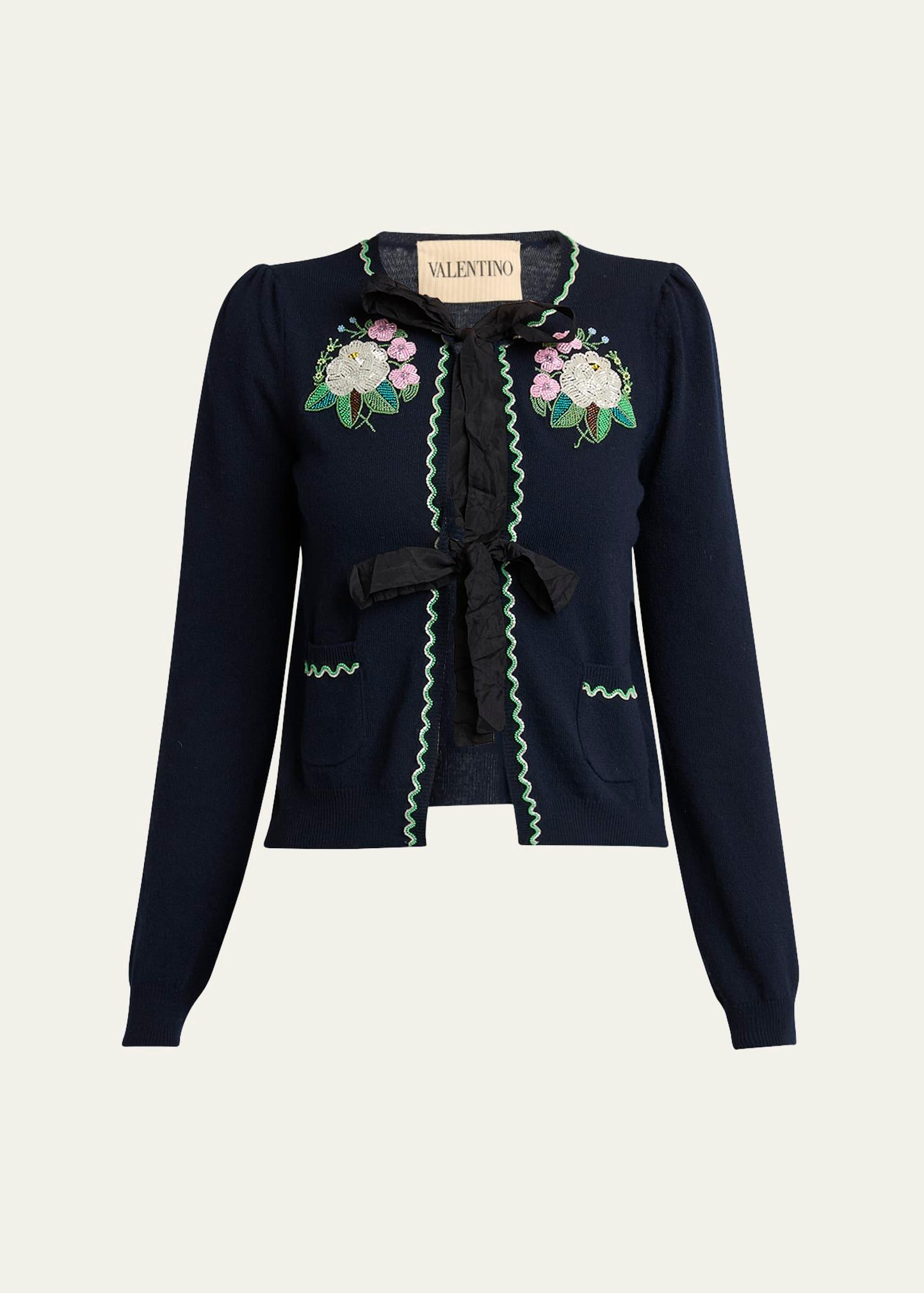 floral embroidered bow-tie wool cardigan