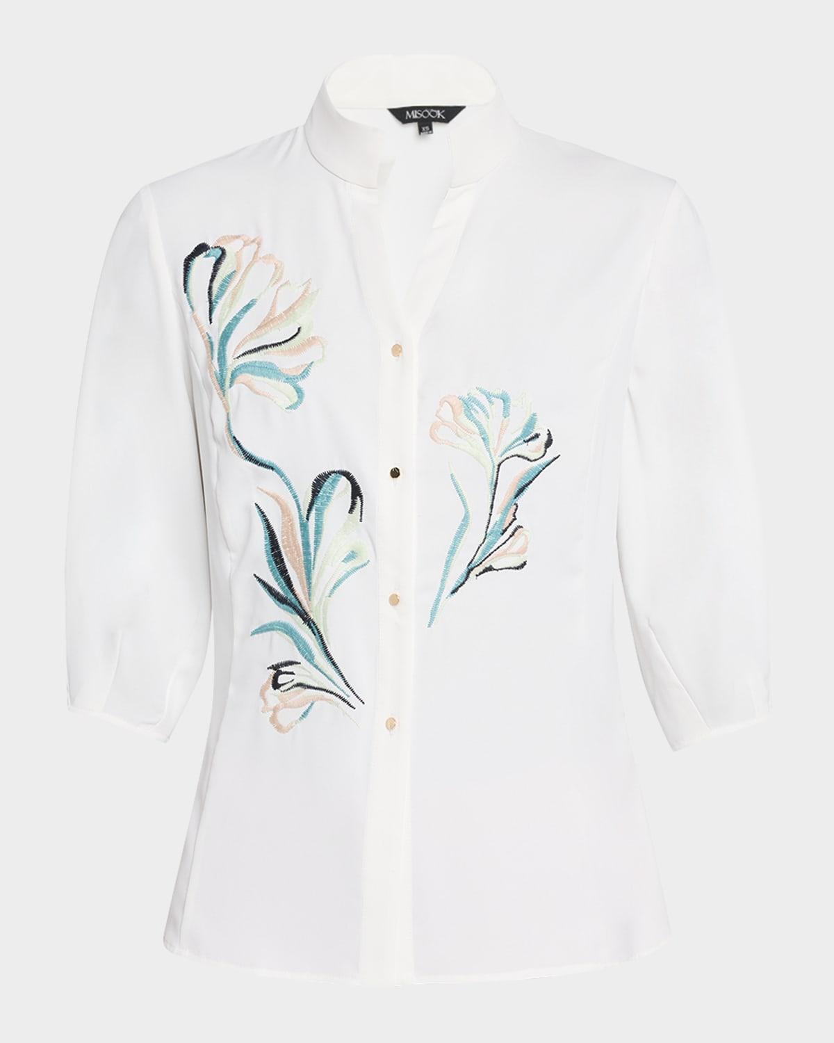 floral-embroidered crepe de chine blouse