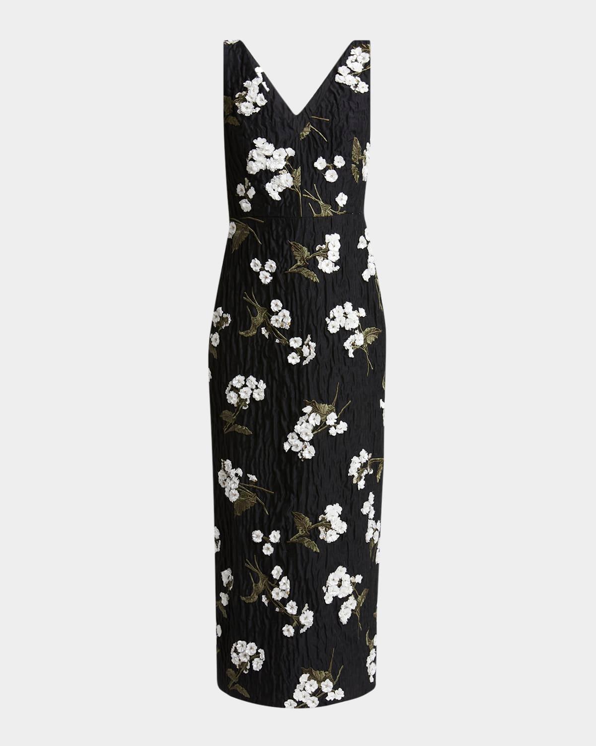 floral-embroidered crinkle effect midi cocktail dress