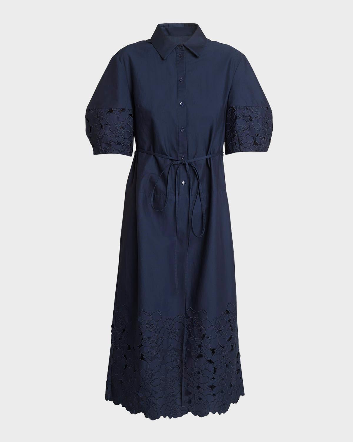 floral embroidered cutout puff-sleeve midi shirtdress
