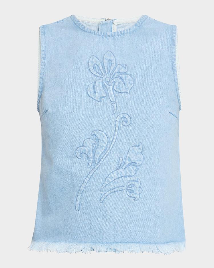 floral-embroidered denim top