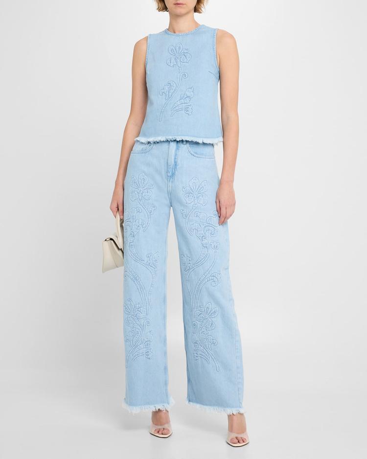 floral-embroidered denim top