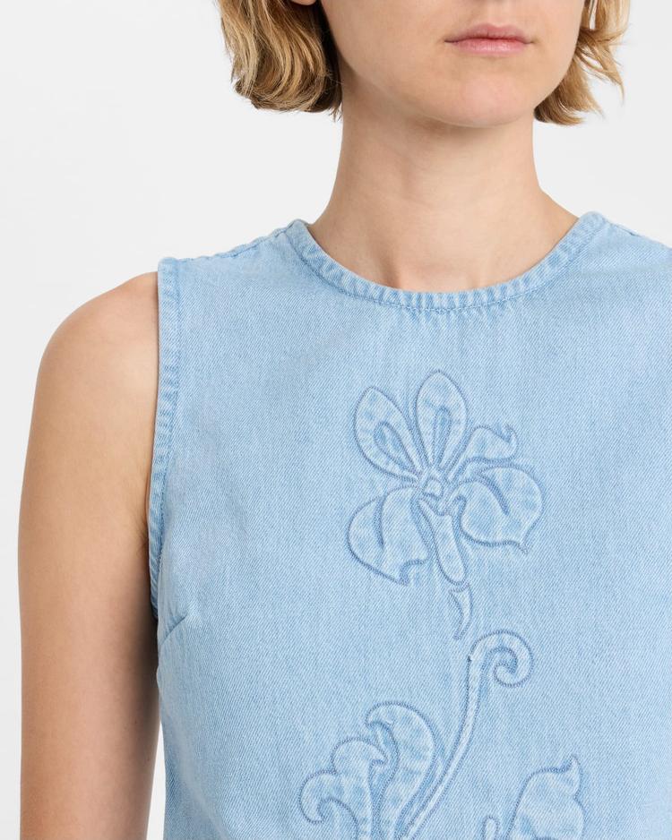 floral-embroidered denim top