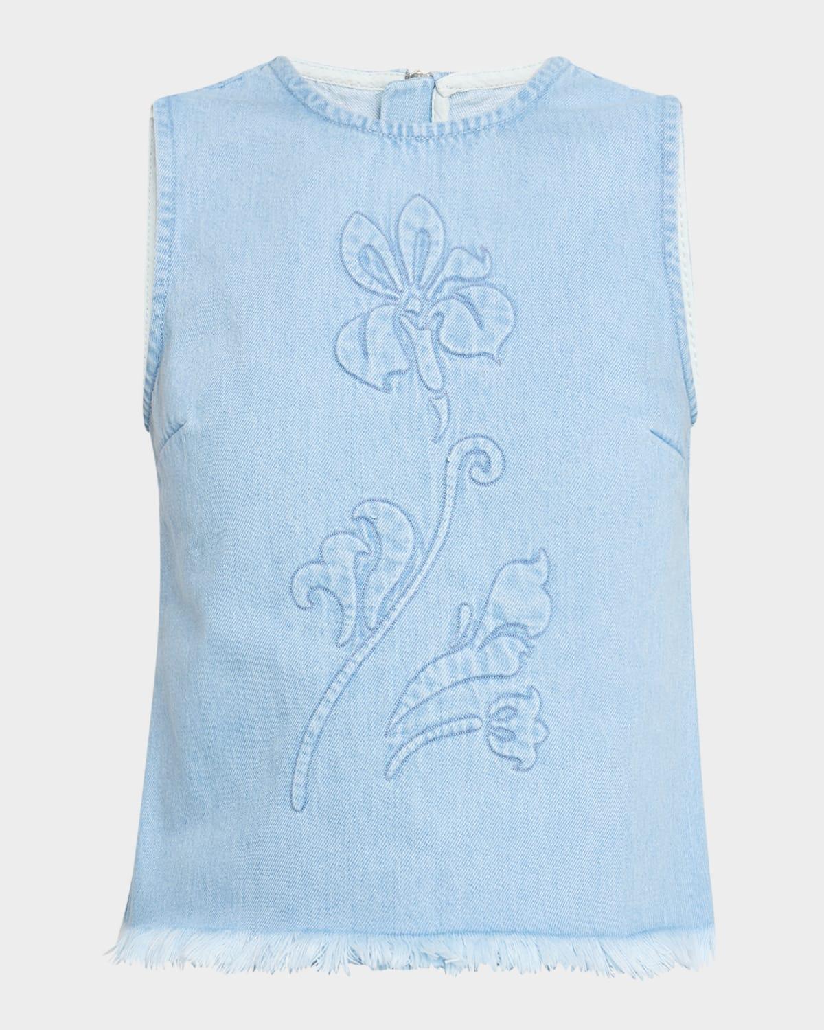 floral-embroidered denim top