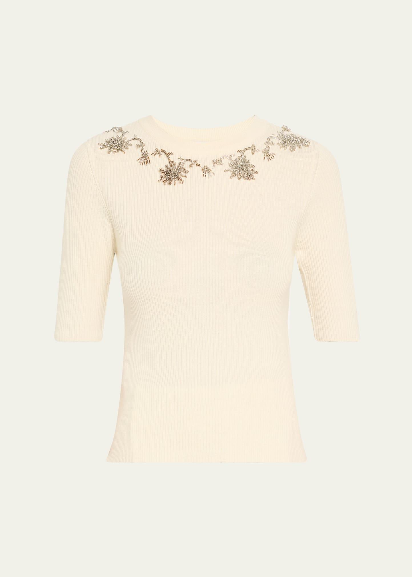 floral embroidered elbow-sleeve rib sweater
