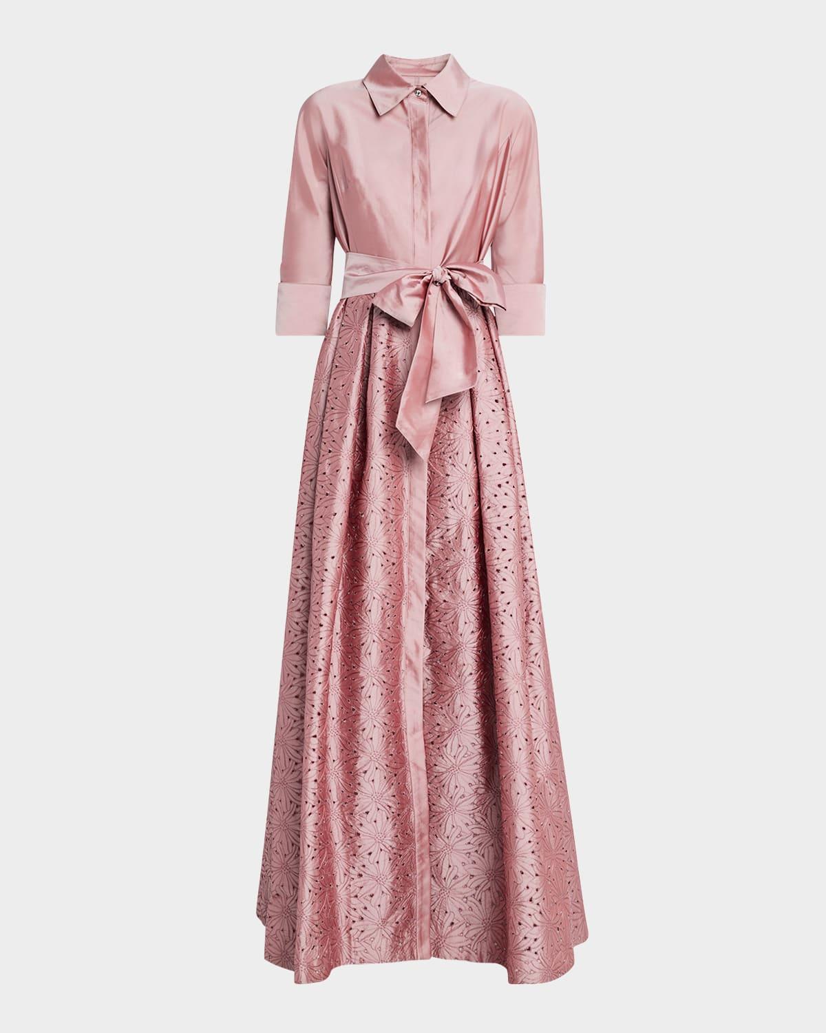 floral-embroidered eyelet taffeta shirt gown