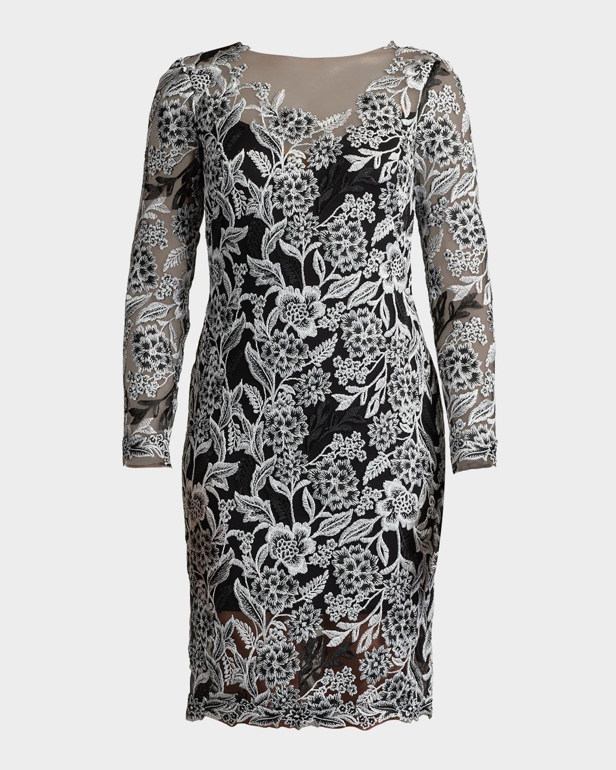 floral-embroidered illusion midi dress