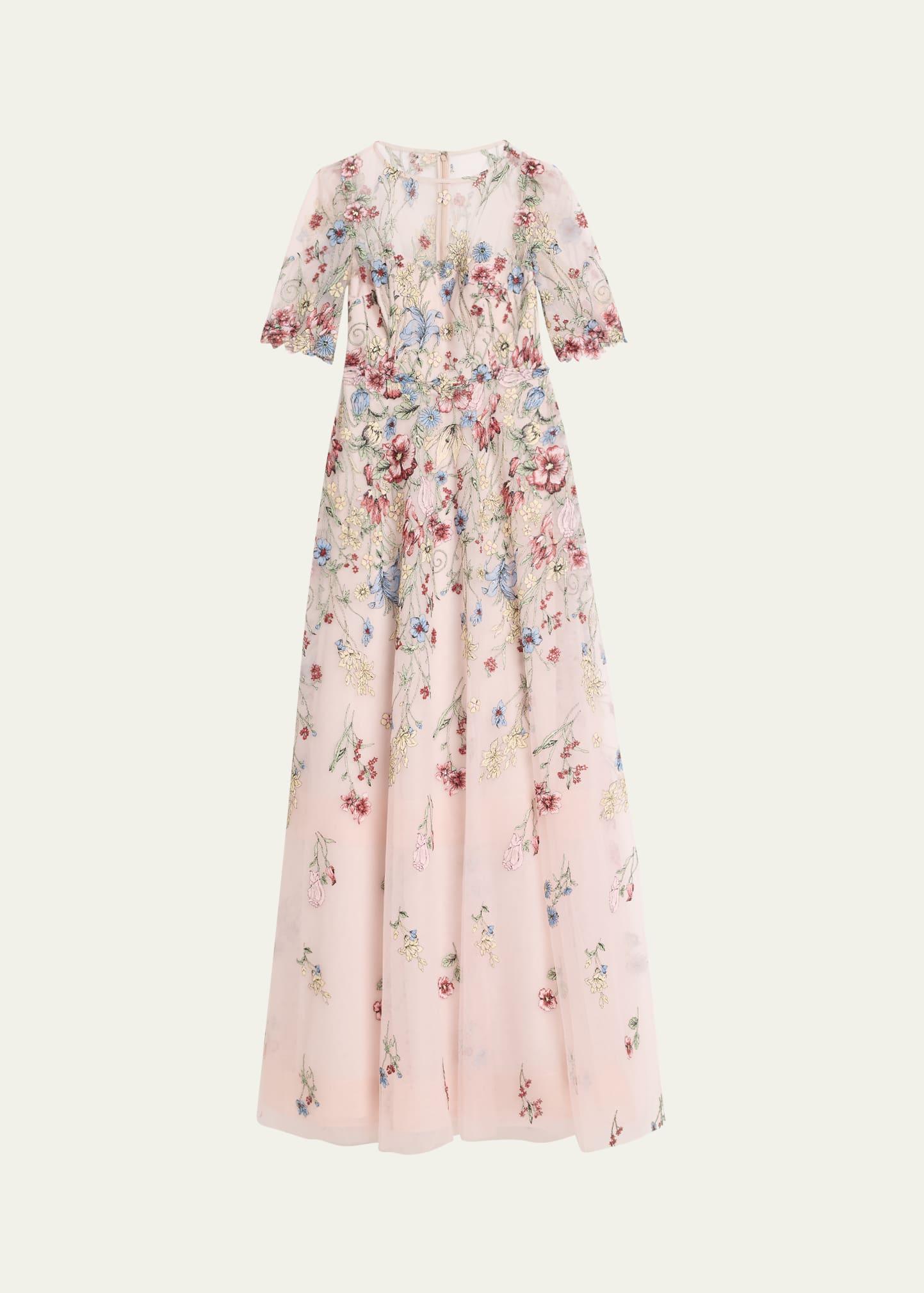 floral-embroidered illusion tulle gown