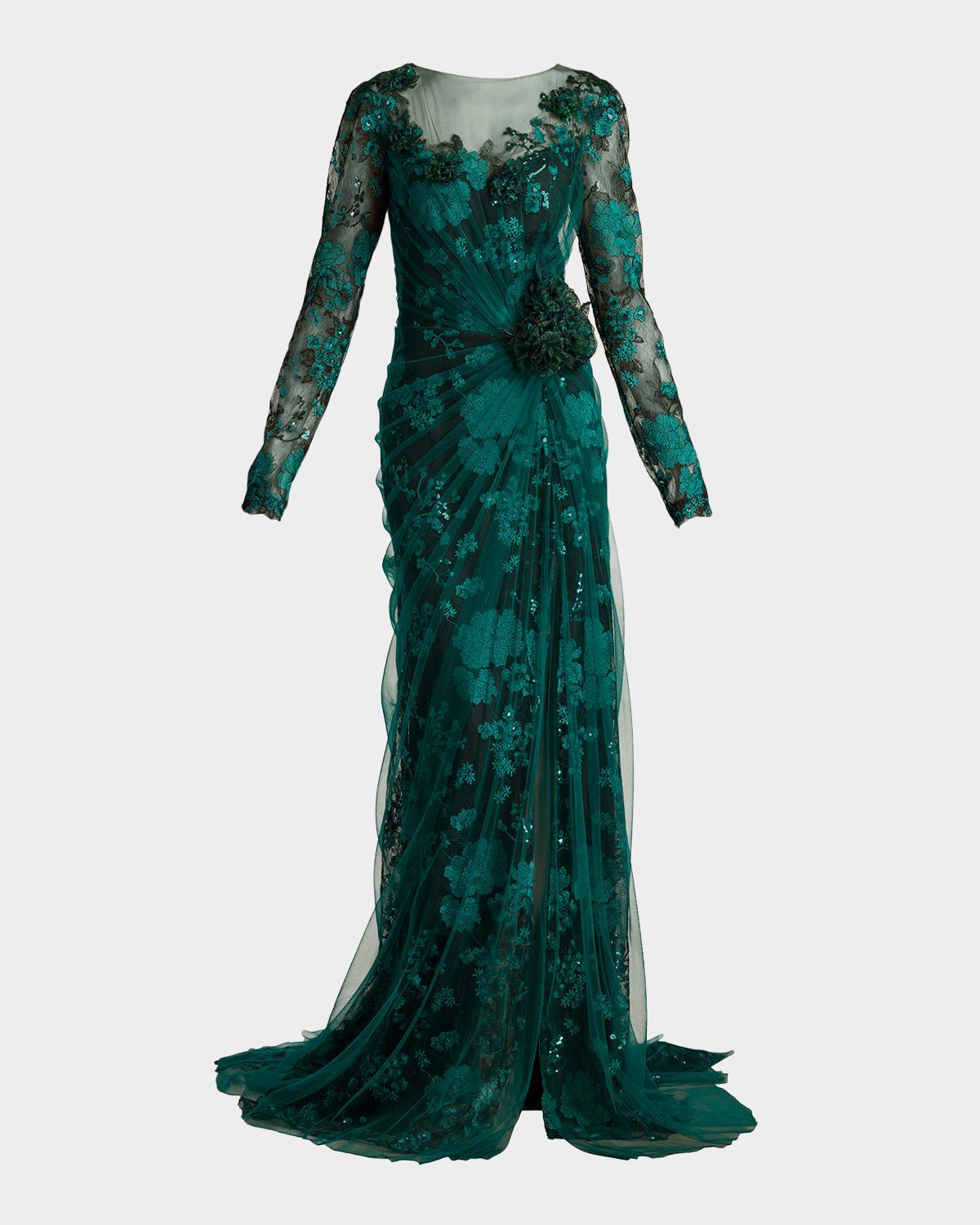 floral-embroidered lace and tulle column gown