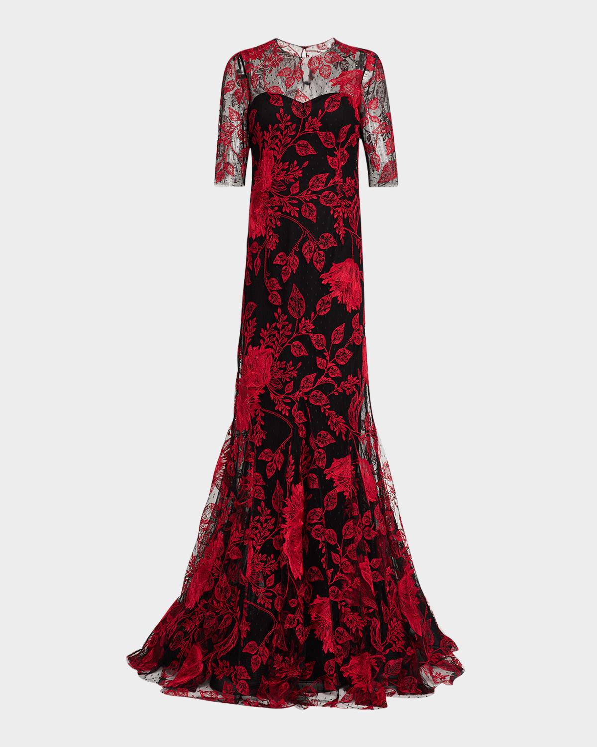 floral-embroidered lace trumpet gown