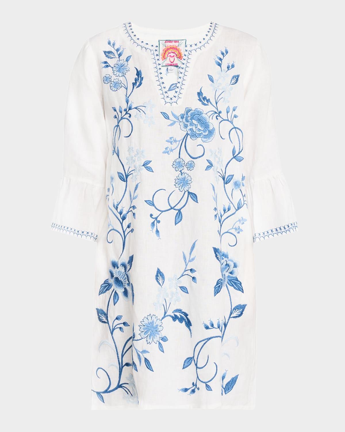 floral-embroidered linen mini dress