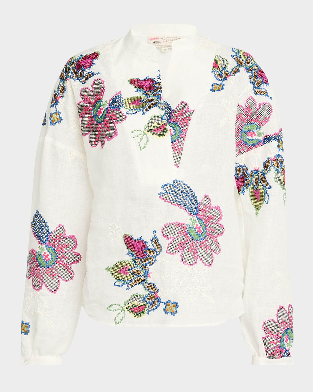 floral embroidered linen v-front blouse
