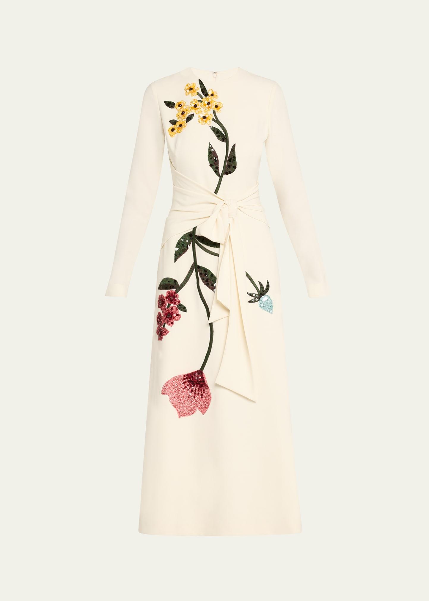 floral embroidered long-sleeve tie waist midi dress