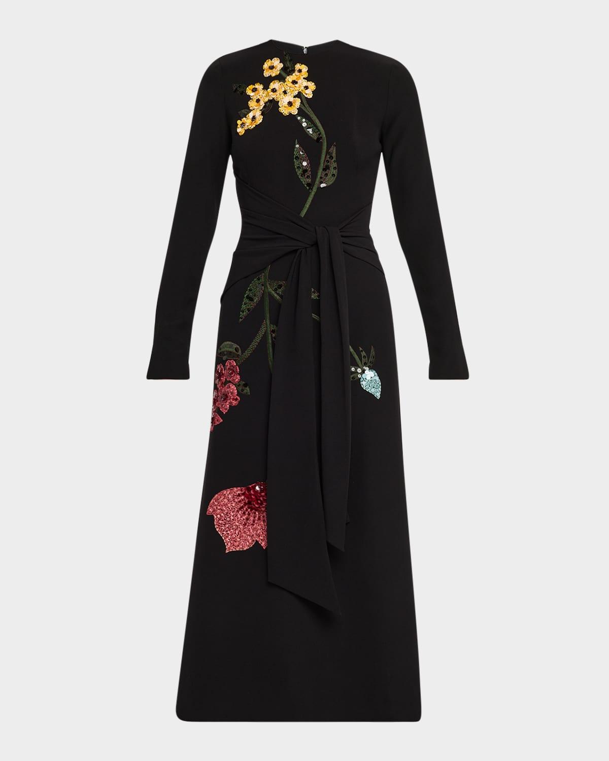 floral embroidered long-sleeve tie waist midi dress