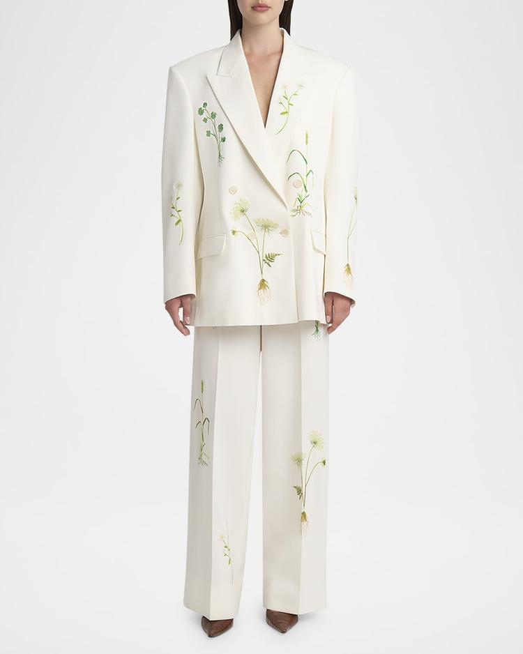 floral embroidered loose wool pants