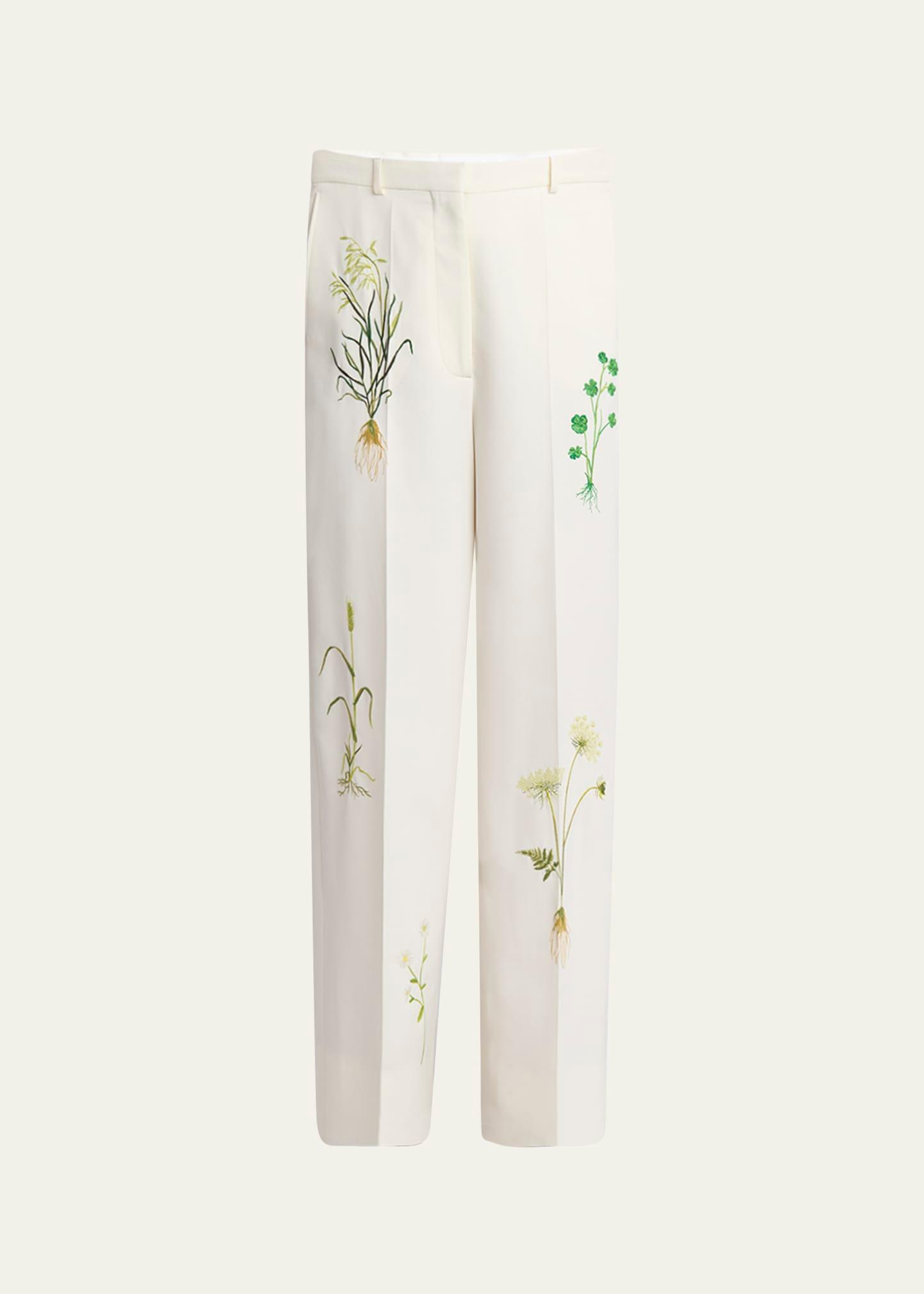 floral embroidered loose wool pants