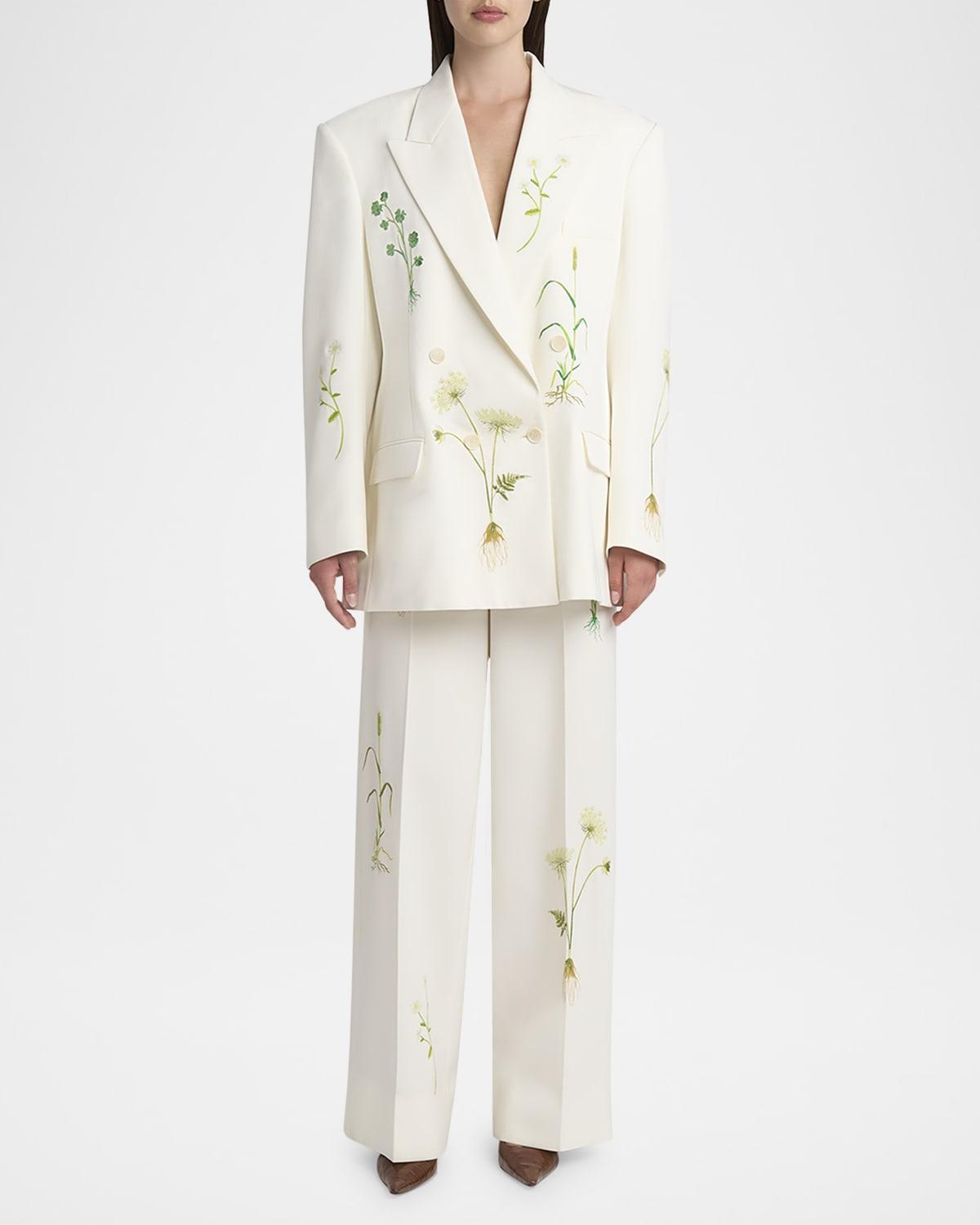 floral embroidered loose wool pants