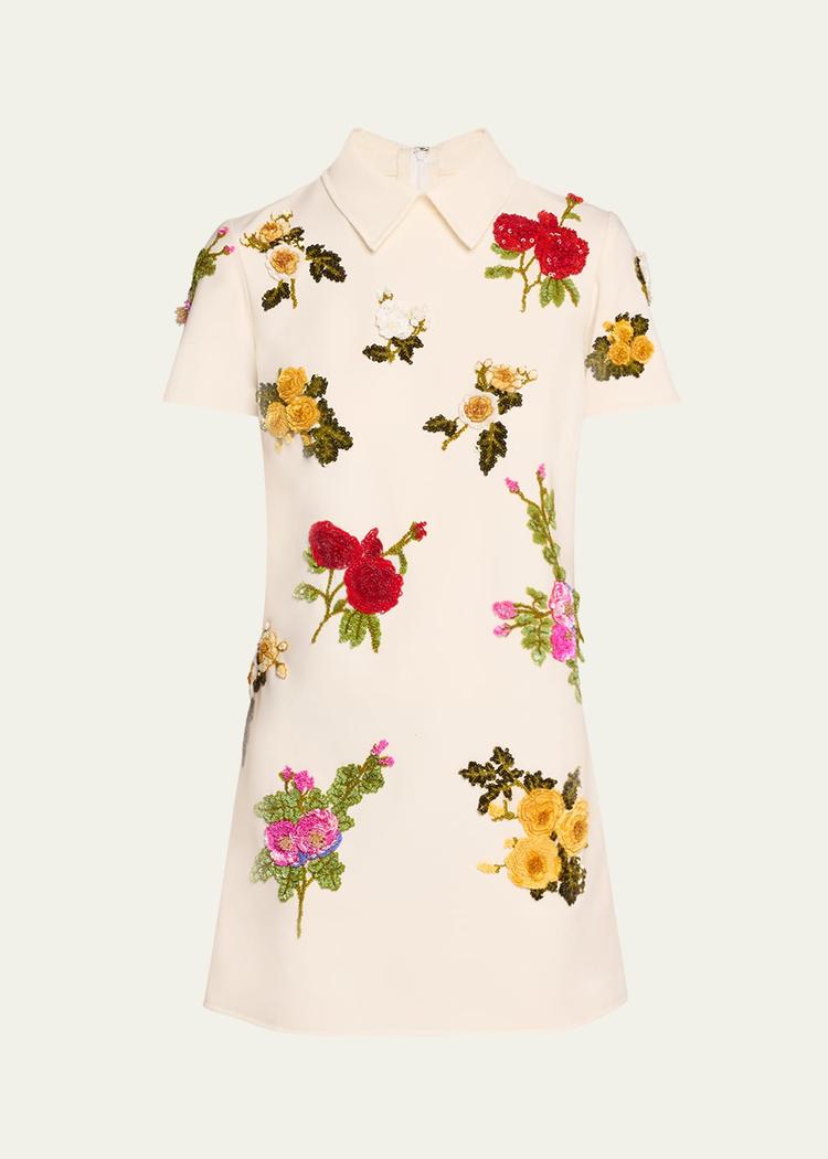 floral embroidered mini wool shift dress