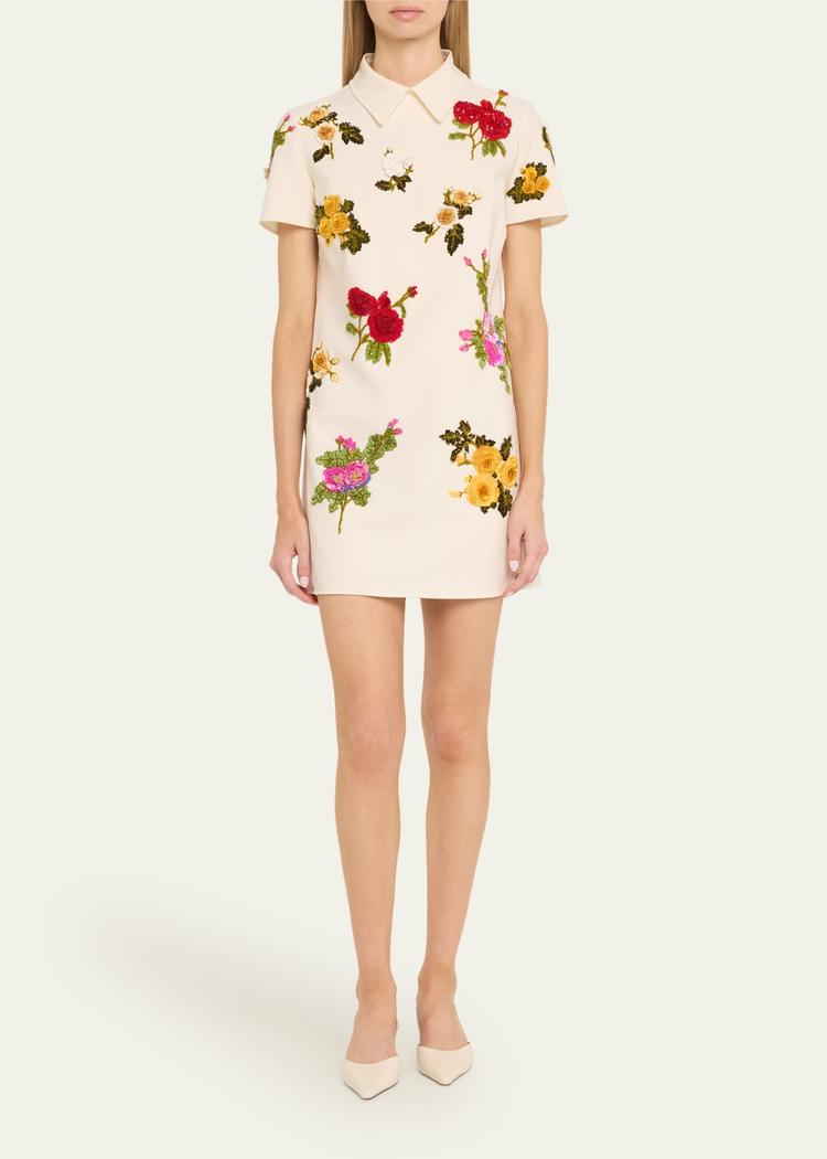 floral embroidered mini wool shift dress