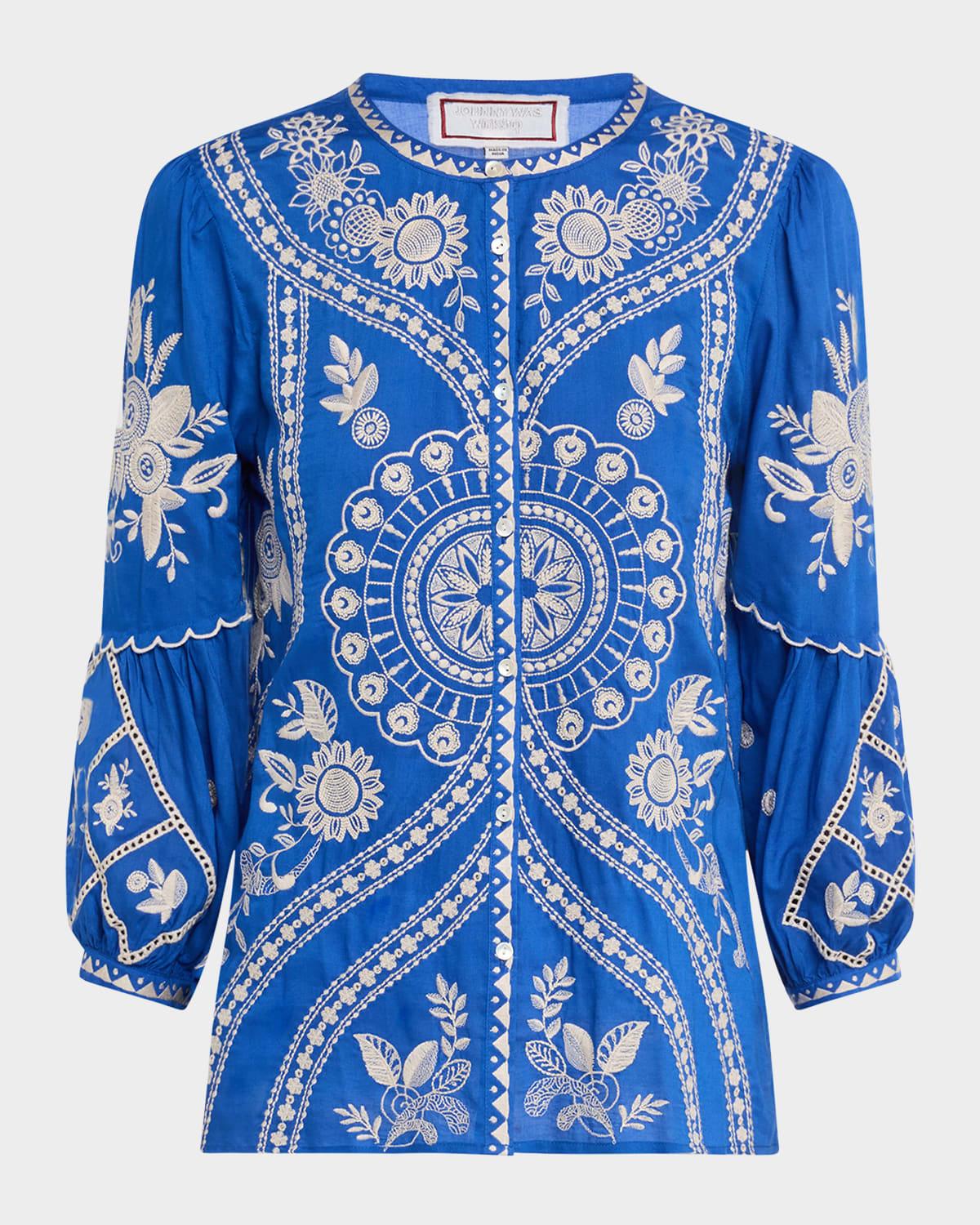 floral-embroidered modal blouse