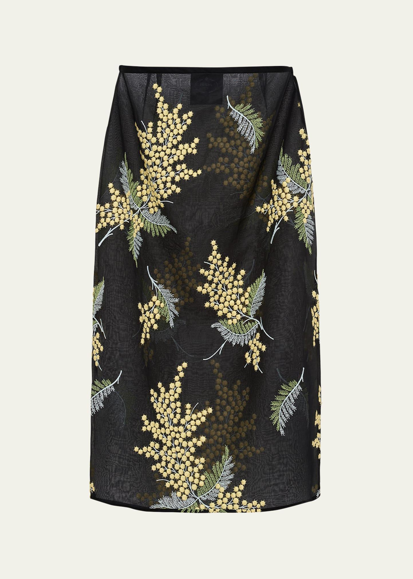 floral-embroidered organza midi skirt