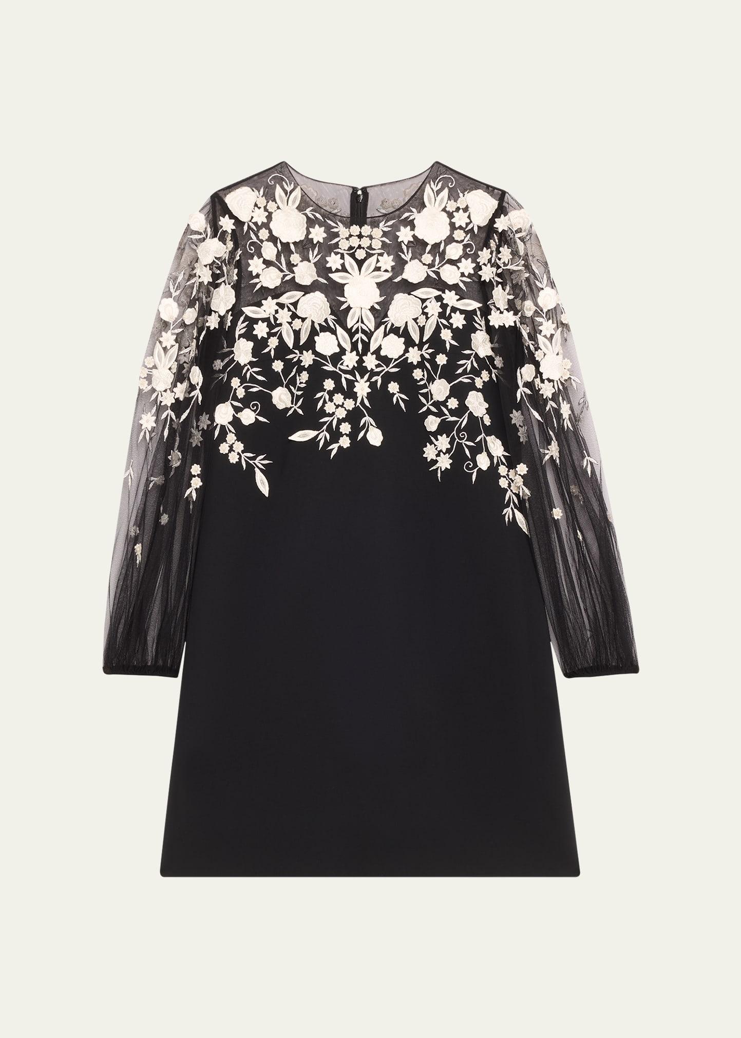 floral embroidered puff-sleeve mini illusion dress