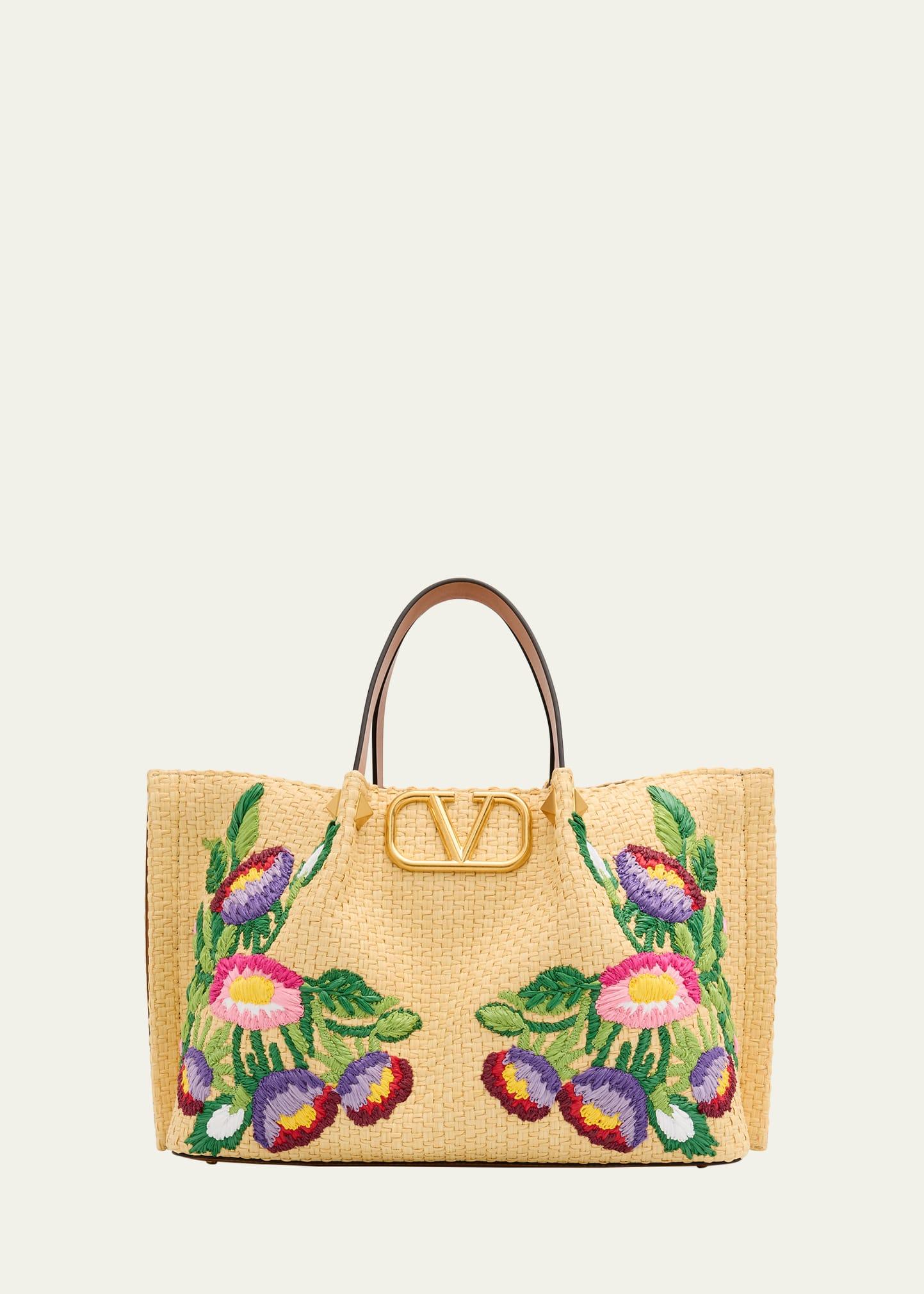 floral embroidered raffia medium shopping tote bag